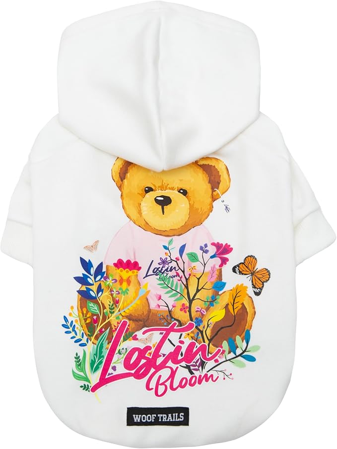 Blooming Teddy Dog Hoodie Dog Clothes Extra Warm Fleece Lining Stretchy Fit for Small Dogs (White, Medium)