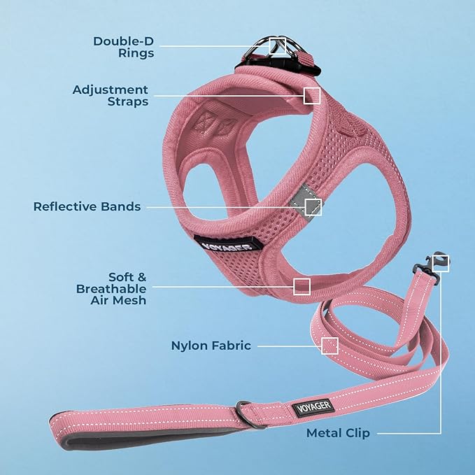 Best Pet Supplies Voyager Step-in Air All Weather Mesh Harness and Reflective Dog 5ft Leash Combo with Neoprene Handle, for Small, Medium and Large Breed Puppies - Set (Pink), Medium