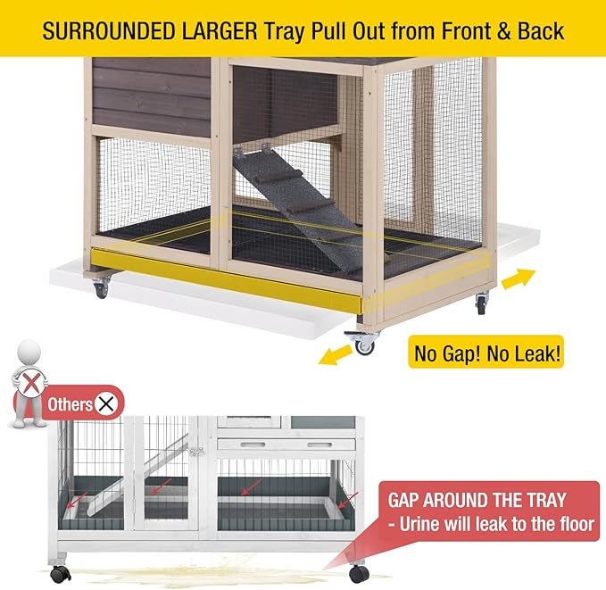 Aivituvin Upgrade Rabbit Cage Indoor Bunny Hutch with Run with Two Deeper No Leak Trays - 4 Casters Include for Outdoor (Coffee)
