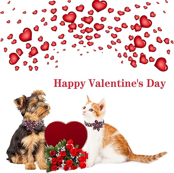 Unique style paws Valentine's Day Dog Collar with Flower Tie Black & Red Heart Puppy Collar Best Gothic Style Gift for Small Medium Large Boys Girls-S