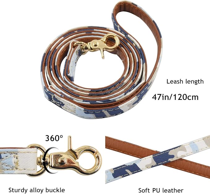 3PCS Bow Tie Dog Collar and Leash Set Plaid/Camo/Dots/Flower Dog Bandanas with Bell 3 Size Adjustable for Small Dogs Puppies and Cats (S, Camo 3)