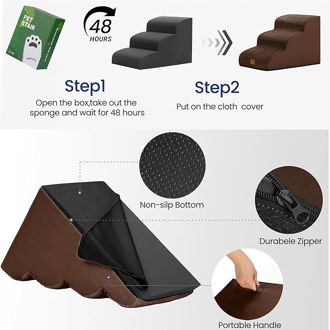 GoGoBunny Ramp Dog Stairs for High Beds 22.6" H, 5-Step Dog Slope Stairs with Durable Waterproof Fabric Cover, Pet Steps for Old Large Dogs Climbing, Non-Slip Sturdy Indoor Step, Brown