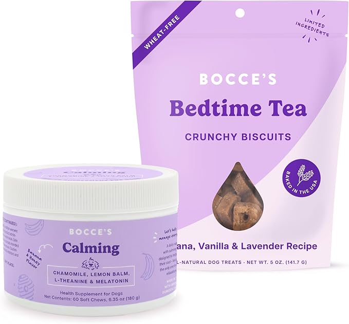 Bocce's Bakery Bedtime Tea Treats + Calming Supplement Bundle for Dogs – All-Natural, Wheat-Free Biscuits & Stress Support with Chamomile, Lemon Balm, L-Theanine – Real Ingredients Baked in The USA