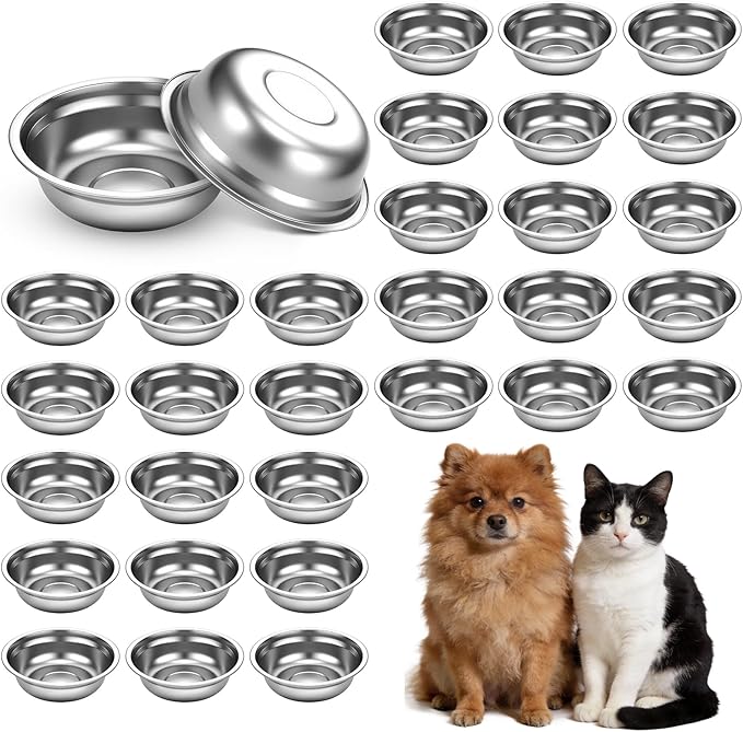 30 Pcs Stainless Steel Cat Bowls Bulk, 6.1 Inch Metal Basic Cat Bowl Whisker Friendly Thickened Replacement Elevated Food Water Bowls for Small Medium Large Dogs, Cats