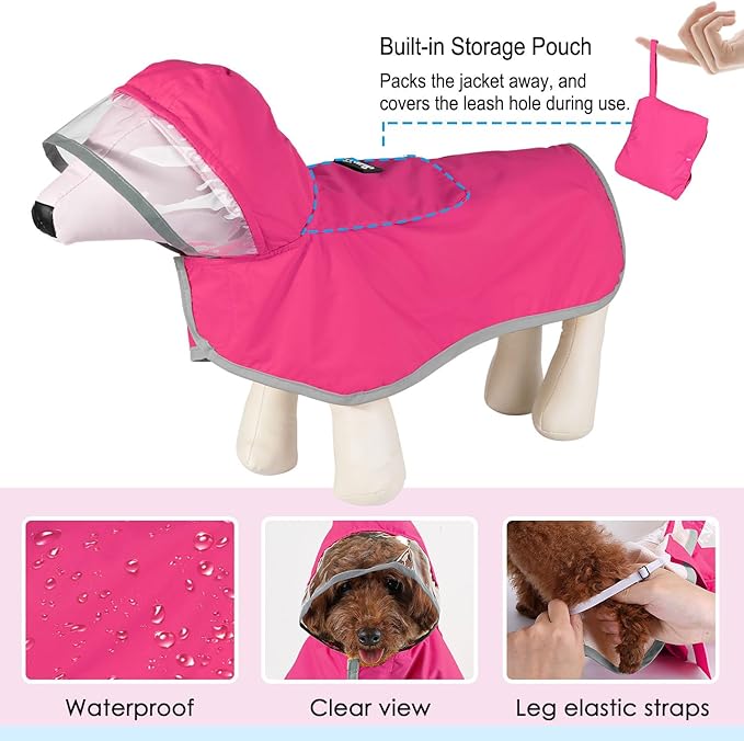 Lukovee Dog Raincoat, Adjustable Dog Rain Jacket with Clear Hooded Double Layer for Large Medium Small Dogs Puppies, Waterproof Rain Coat Poncho with Reflective Storage Pocket & Rim (Fuchsia, L)
