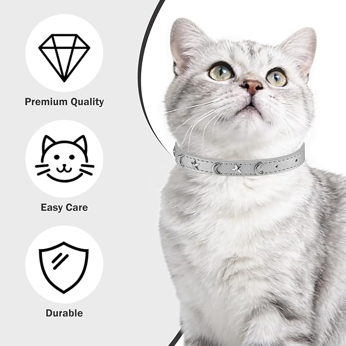 Leather Cat Collars for Boy Girl Cats with Bell and Safety Elastic Belt, Personalized Star and Moon Stud Adjustable Safe Buckle Collar for Kitty Small Big Cats Size 8-12 Inch, Silver Grey