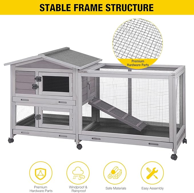 Aivituvin Rabbit Hutch 62" Rabbit Cage Indoor Outdoor Guinea Pig Cage on Wheels Bunny Cage with 3 Deep No Leakage Pull Out Tray,Waterproof Roof (Grey)