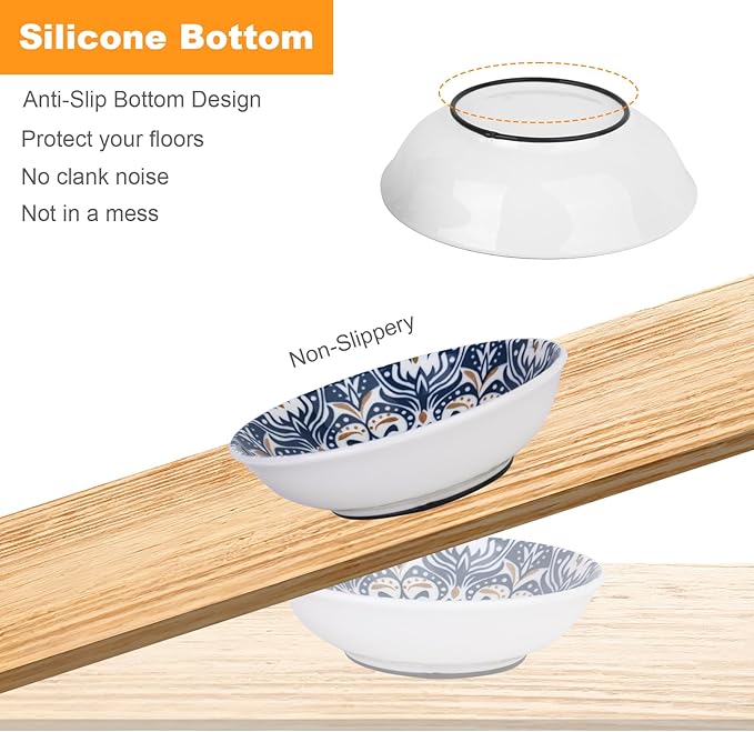 HAPPY KIT Ceramic Cat Food Bowl, Non-Slip Whisker Fatigue Cats Bowl, 5.75” Shallow Dish for Indoor, Boho Whisker Friendly Cat Bowls, Small Kitten Plates with Silicone Bottom