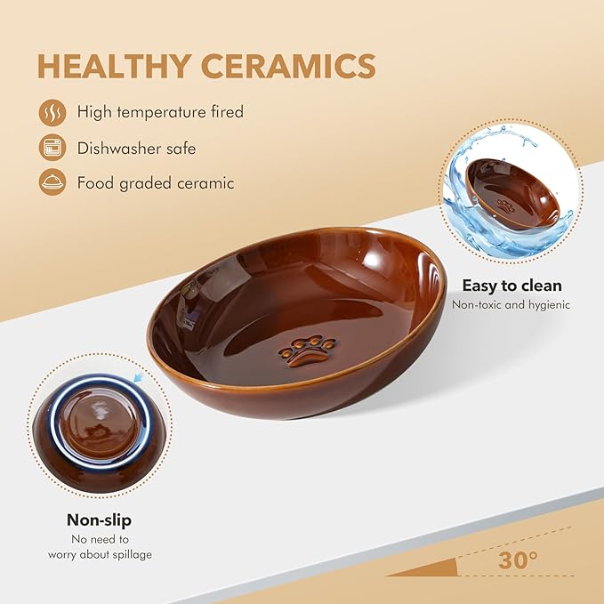 Havniva Ceramic Wide Whisker Friendly Cat Dishes, Set of 3 Ceramic Cat Bowls with Paw Print, Anti-Slip Indoor Kitten Feeding Food& Water Dish to Prevent Whisker Fatigue(3 Pcs, Caramel Brown)
