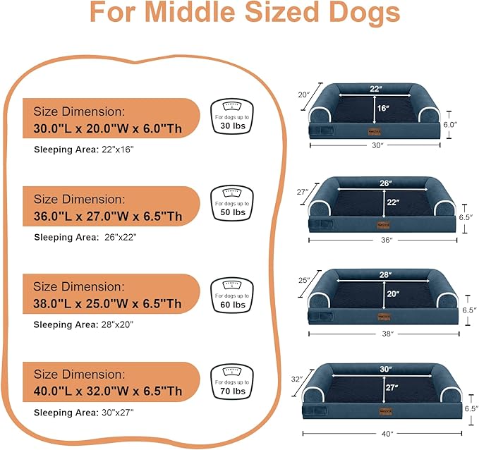 Large Dog Bed Orthopedic Washable: Beds Bolster XL Bed Big XLarge Dogs Memory Foam Sofa Couch Waterproof Removable Cover - Navy Blue
