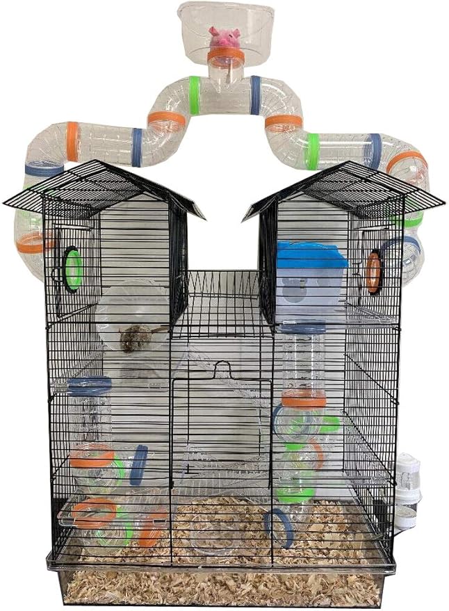 Large Multi-Floors Expandable and Customizable Twin Tower Mansion with Top Lookout Play Zone On Crossover Tube Tunnel for Syrian Hamster Rodent Gerbil Mouse Mice Rat Cage Deep Acrylic Clear Base