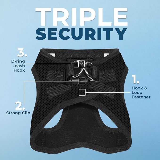 Best Pet Supplies - All Weather Mesh / Plush, Reflective, No Pull Harness for Small, Medium Dogs, Cats - Secure with Hook & Loop Fastener, Buckle, Double D-Rings - Black/Black Trim, L