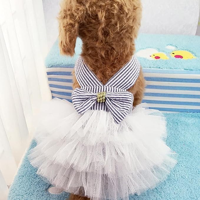 Dog Dresses, Fashion Pet Dog Clothes, Striped Mesh Puppy Dogs Princess Dresses (Blue, X-Large)
