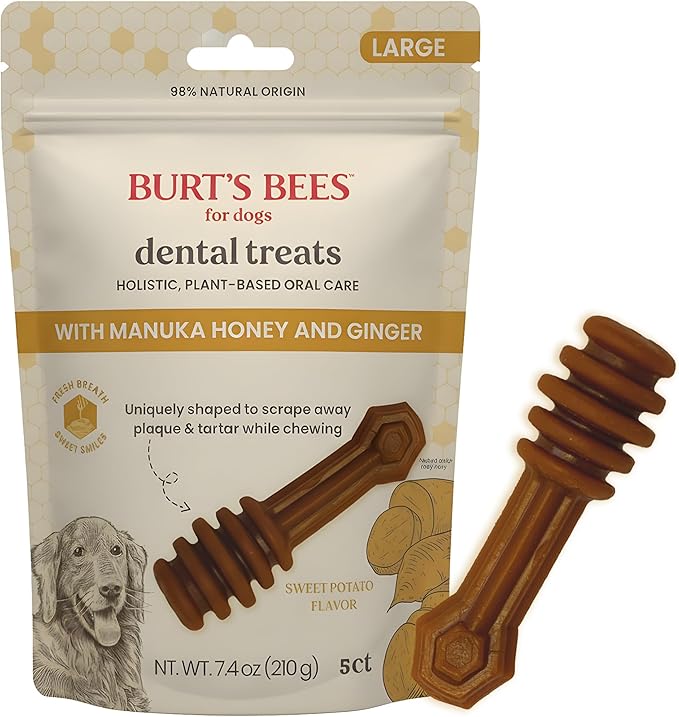 BURT'S BEES FOR PETS Dental Treats for Dogs with Manuka Honey & Ginger, Holistic, Plant-Based Oral Care, 98% Natural Origin Formulas, Sweet Potato Flavor, Dog Treats Medium Dogs, Sz Md/Lg 5ct, 7 oz