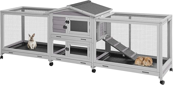 Rabbit Hutch Indoor Outdoor, 93.7" Large Rabbit Cage with 4 Pull Out Trays & Wheels, Wooden Bunny Cage with Weatherproof Asphalt Roof, Pet House for Rabbits, Guinea Pigs and Small Animals