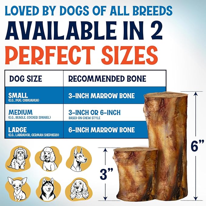 Beef Marrow Bones for Dogs, 3" Bone, Long Lasting Stuffed Treats, Tasty and Healthy Snack for Small and Medium Sized Pets, (6 Pack)