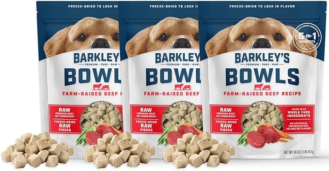 Barkley’s Bowls, Freeze-Dried Raw Beef Dog Food, Fresh Whole Food Ingredients with Farm-Raised Beef, Grain Free, High Protein for Balanced Nutrition, Dog Treats or Topper, 16 Oz Bag (3 Pack)