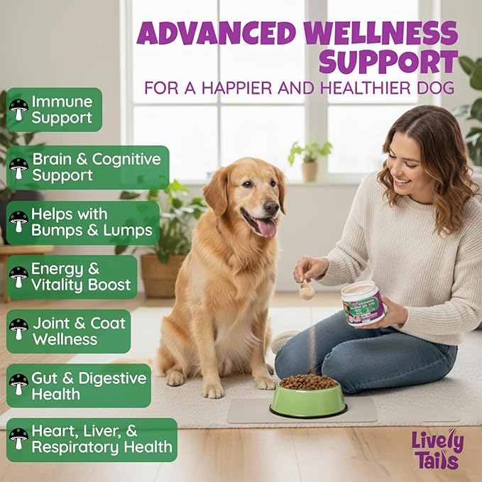 All-Natural Mushroom Powder for Dogs for Immunity, Cognition, Longevity, Bumps, and Lumps Support, Turkey Tail Mushroom for Dogs with Lion’s Mane, Reishi & Cordyceps, 4.25 oz Jar