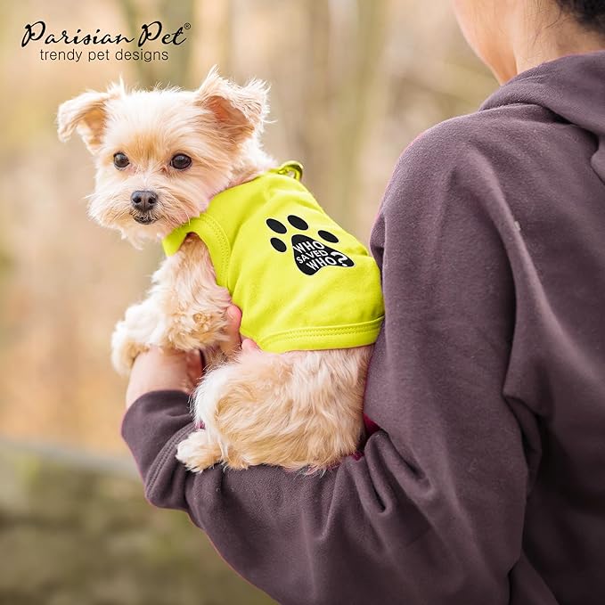 Parisian Pet Dog Shirt – 100% Cotton Shirts for Medium Dogs - Sleeveless Yellow Puppy Vest with Paw Print – Breathable Pet Apparel – Pullover Summer Dog Clothes - Stretchy Funny T Shirts for Dogs
