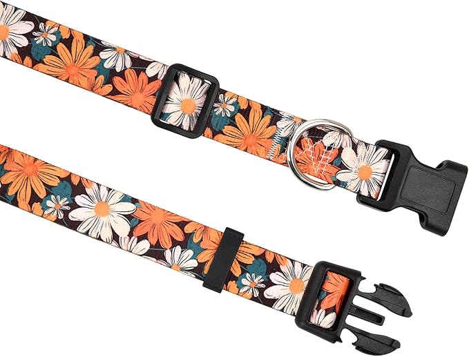 Floral Dog Collar, Adjustable Soft Nylon Pet Collar for Small Medium Large Dogs, Cute Flower Pattern Dog Collar for Girl Boy Dogs(Retro Bloom,L)