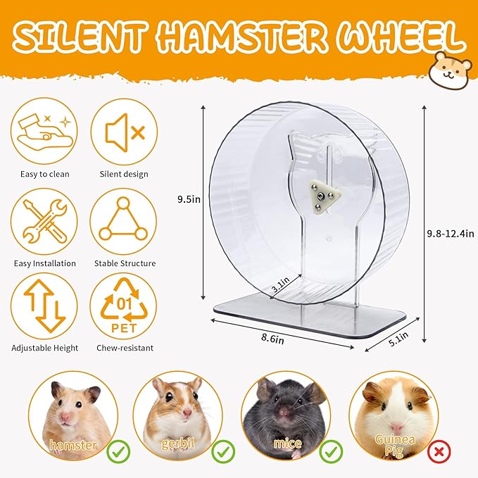 21 Pcs Hamster Cage Accessories Set, 9.5'' Silent Hamster Wheel, Ceramic Hideout & Food Bowl, 15 Chew Toys, Maze Wood House & Water Bottle Set, Hamster Starter Kit