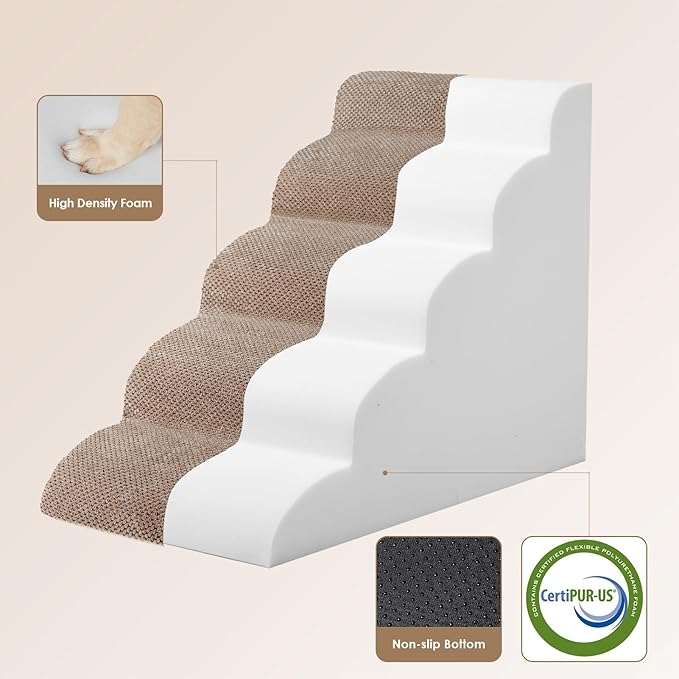 EHEYCIGA Curved Dog Stairs Ramp for High Beds 22.6" H, 5-Step Dog Steps for Small Dogs and Cats, Pet Stairs for High Bed Climbing, Non-Slip Balanced Pet Step Indoor, Camel