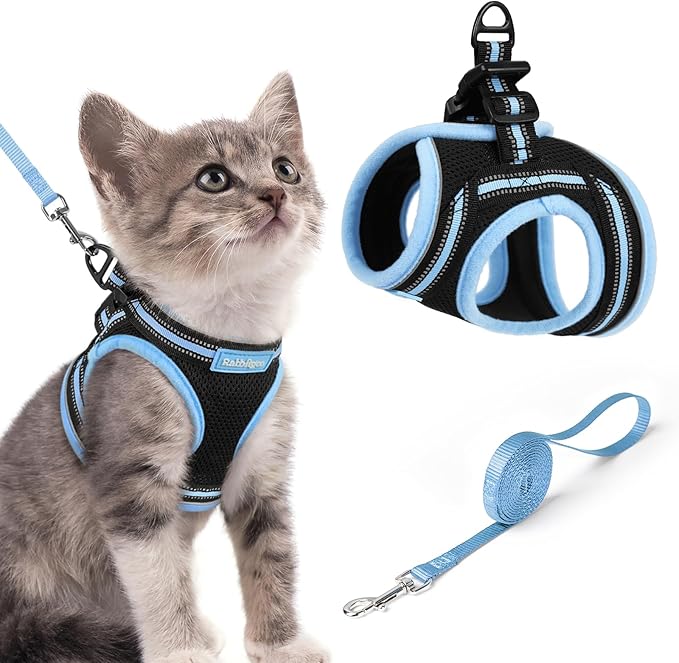rabbitgoo Cat Harness and Leash Set for Walking Escape Proof, Adjustable Soft Kittens Vest with Reflective Strip for Cats, Comfortable Outdoor Vest, Black & Light Blue, S