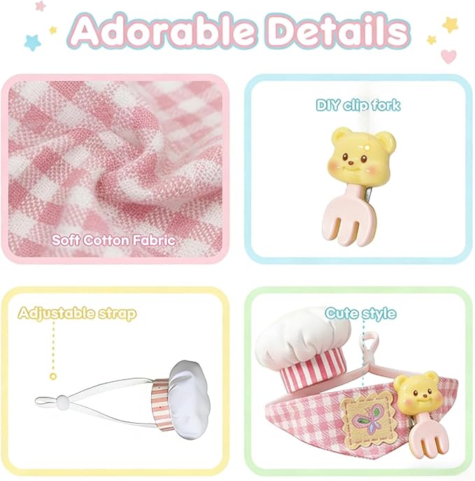 4 Pcs Hamster Chef Hat and Bib Set - Cute Small Animal Chef Costume Accessories for Hamsters Guinea Pigs, Mini Pet Chef Hats with Gingham Bibs for Dress Up & Photo Props