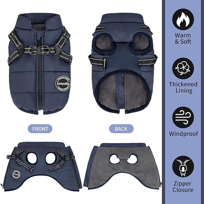 Warm Dog Winter Coat, Dog Cold Weather Jacket with Built-in Harness, Reflective & Adjustable Comfortable Pet Vest, Windproof Apparel for Small Medium Large Dogs (Navy)