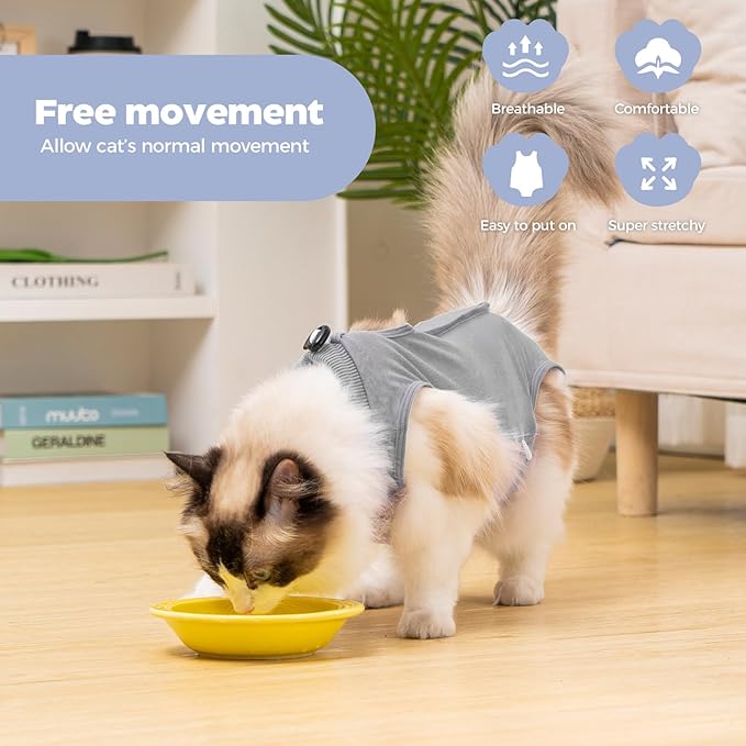 Avont Cat Recovery Suit Female Kitten After Spay Surgery, Breathable Modal Cotton Cat Onesie for Wound & Skin Disease Care, Machine Washable -Grey(M)