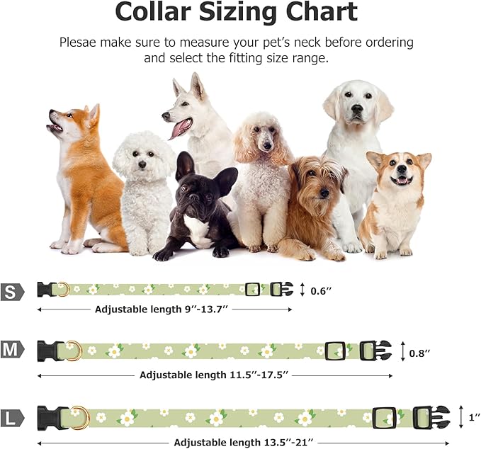 Cotton Handmade Dog Collar Cute and Distinctive Patterns Green Flower with Pendant for Girl Boy Dogs Collars L