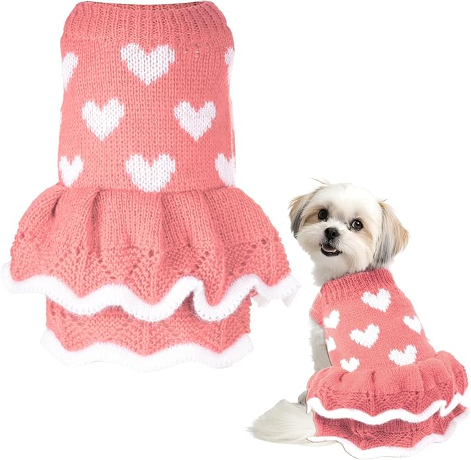 Dog Sweaters Heart Knitted Sweaters Dress Winter Coat Puppy Warm Holiday Clothes for Small Dogs Cats Christmas New Year Valentine's Day （Small, Pink）