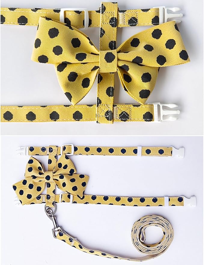 Cat Harness and Leash Set, Sweet Bow Accent Kitten Collar, Escape Proof Small Dog Harness, Cute Polka Dot Print Puppy Collar, Boy Girl Dog Leash for Cats Small Dogs Outdoor Walking (Yellow, M)