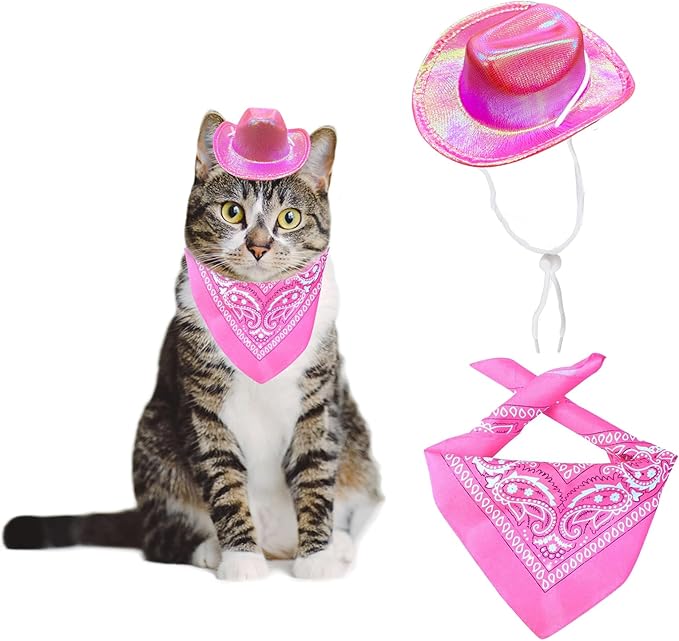 Dog and Cat Cowboy Hat With Bandana Scarf - Mini Pet Costume for Holiday, Halloween, Party Decoration (Pink-style2, Small)