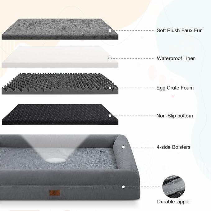Large Orthopedic Egg Crate Foam Dog Bed, Waterproof Dog Bed with Removable Washable Cover, 4-Sides Removable Bolster Soft Couch Sofa with Non-Slip Bottom, Dark Grey