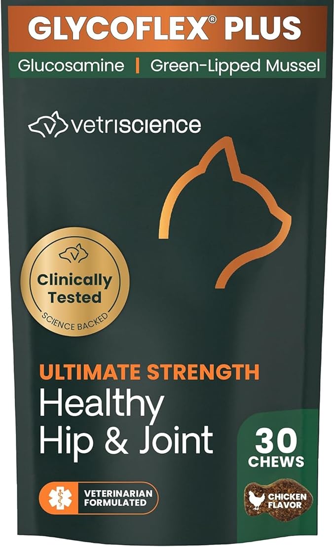 VetriScience Ultimate Strength Healthy Hip & Joint Chews, GlycoFlex Glucosamine, Chondroitin and Green-Lipped Mussel Joint Supplement for Cats, Soothe Joint Discomfort, Chicken, 30 Count