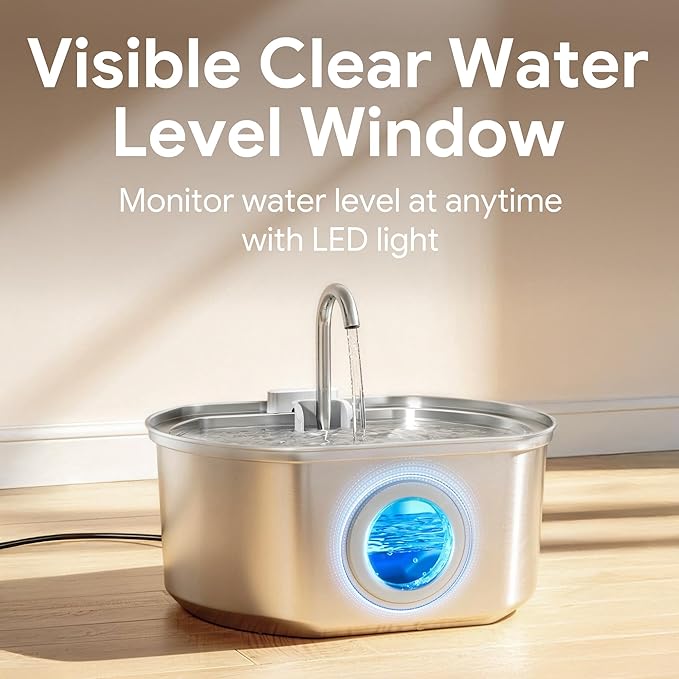 Cat Water Fountain Stainless Steel: 108oz/3.2L Cat Fountain for Drinking- Pet Water Fountain Inside - Automatic Dog Watering Dispenser Bowl - Pet Feeding & Watering Supplies - Water Level Window