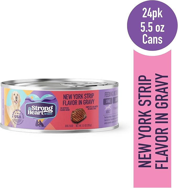 A Strong Heart Wet Dog Food, New York Strip Flavor in Gravy - 5.5 oz Cans (Pack of 24), Made in The USA with Real Beef