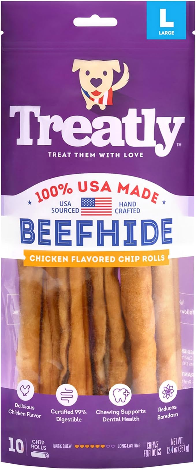 USA Beefhide Chip Rolls 10-11" Dog Chew Treats - Chicken Flavor, 10 Count/1 Pack