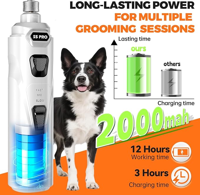 Whisper Quiet Dog Nail Grinder with LED Light, Safe & Stress-Free for Sensitive Dogs of All Breeds & Sizes, 3 Grinding Bits, 3-Speed, Pet Nail Trimmers, Rechargeable Painless Grooming Kit White