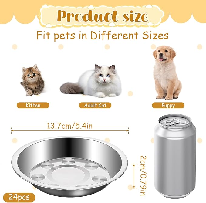 24 Pcs Stainless Steel Cat Bowls Shallow Cat Food Bowls, Shallow Metal Pet Dishes, Replacement Whisker Relief Cats Water Dish, for Elevated Stand, Dishwasher Safe, 5.4 Inch