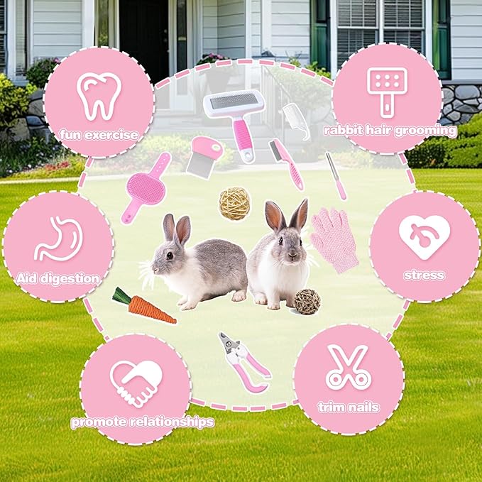 16 Pcs Bunny Grooming Kit,Rabbit Litter Box, Bunny Toys,Blankets with Cleaning Supplies,Pet Toilet Potty with Detachable Hanging Pet Cage Bowl Suitable for Rabbit,Guinea Pig(Pink) (Pink (16PCS))