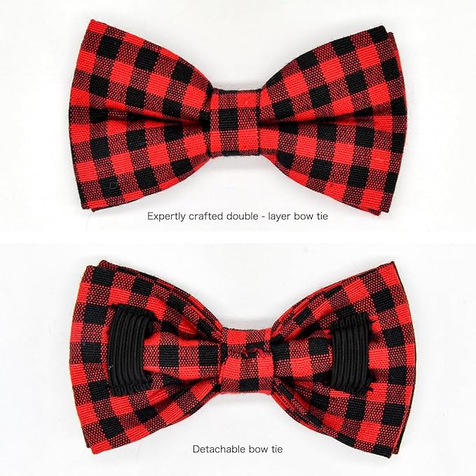 Red Black Buffalo Plaid Cat Breakaway Collar Bow Tie with Bell, Wedding/Birthday Cat Accessories