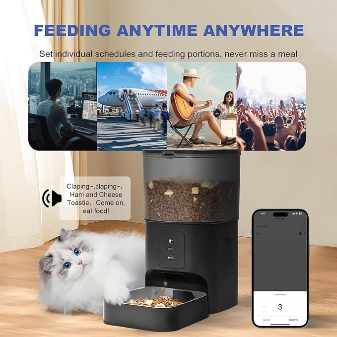 2.4G/5G Automatic Cat Feeder, 4L WiFi Food Dispenser with 10s Voice Recorder, Pet Feeder up to 10 Meals per Day, Timed Cat Feeder with Dry Food Sealed Ring(Matte Black, 4.0 L)