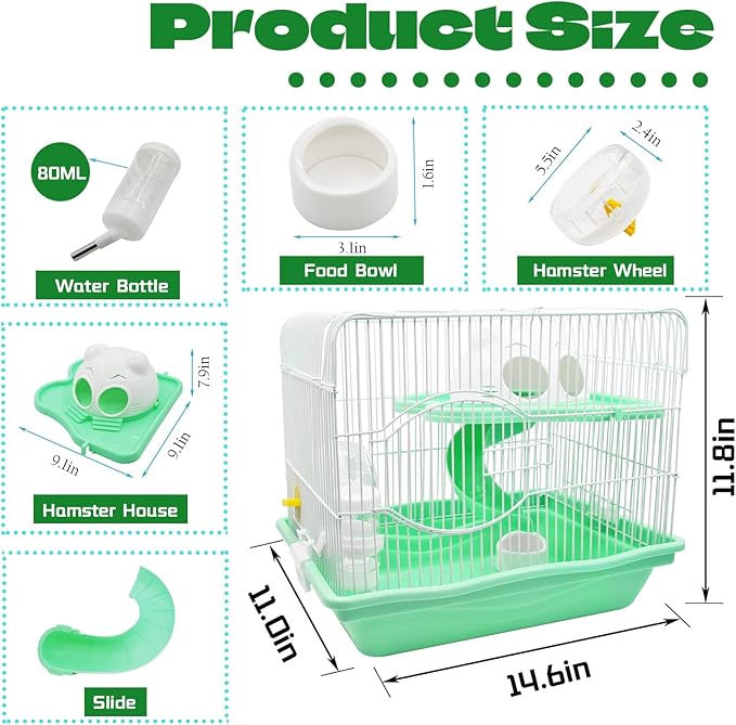 2-Tier Portable Hamster Cage and Habitats,Travel Metal Mouse Cages with Free Water Bottle,Houses and Exercise Wheel for Any Breed of Hamster and Small Animal (14.6x11.0x11.8inch Green)