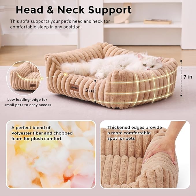 Small Dog Beds for Small Dogs - Washable Cat Beds for Indoor Cats, Rectangle Orthopedic Puppy Bed with Fluffy Removable Cover, 20x19x7inches, Camel