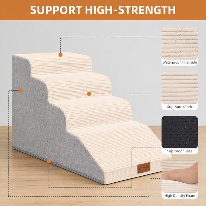 Dog Stairs for Small Dogs and Cats, 22.6" H, 5-Step Curved Pet Ramp for High Bed, Non-Slip Medium Pet Steps with High Density Foam, Beige