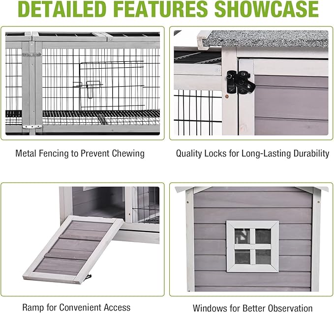 GUTINNEEN Rabbit Hutch Outdoor with Run, Bunny Cage on Wheels, 10.4 ft² Guinea Pig House, No-Leak Pull-Out Trays