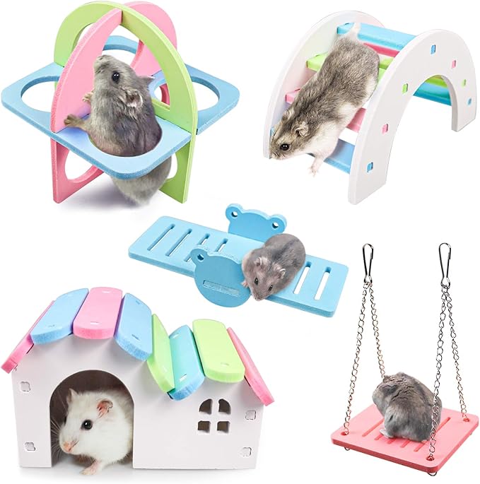 Dwarf Hamsters House DIY Wooden Gerbil Hideout Rainbow Bridge Swing and Pvc Seesaw, Suitable for Small Animal Habitat, style-1