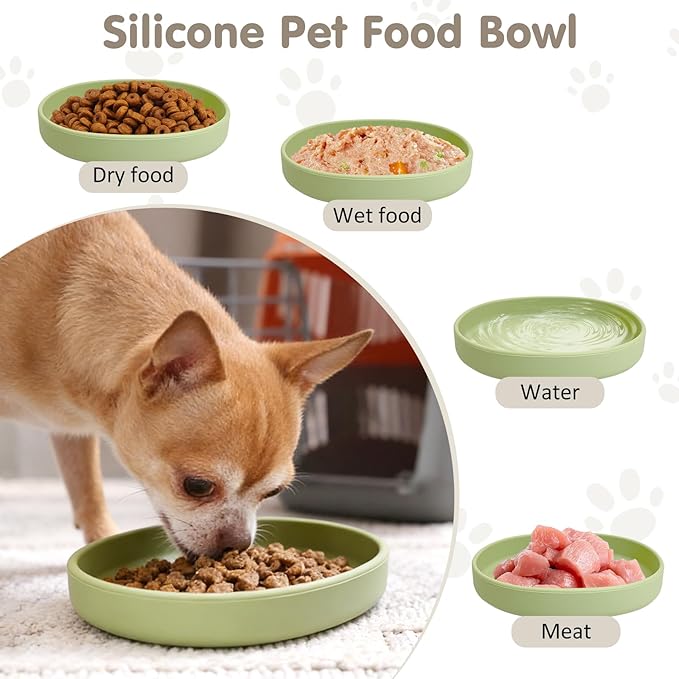 VCEPJH Silicone Dog Plates for Food Shallow Pet Bowl Flat Puppy Food Bowl Whisker Fatigue Cat Feeding Bowls Noiseless Dishes for Dry and Wet Food (Square-Round Green)